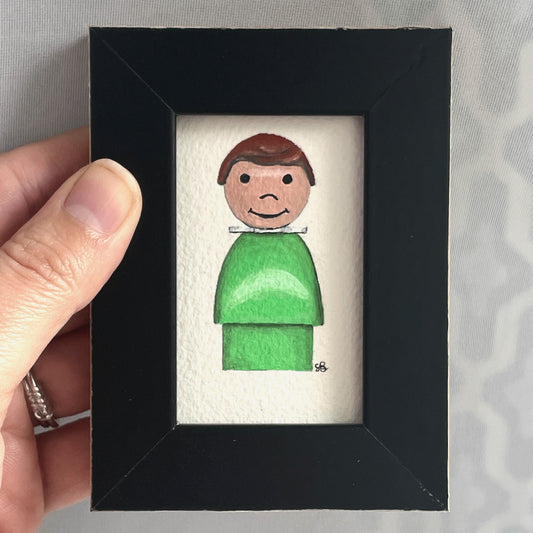 Little People Figure (Female Brunette in Green) Original Tiny Art Watercolor Painting