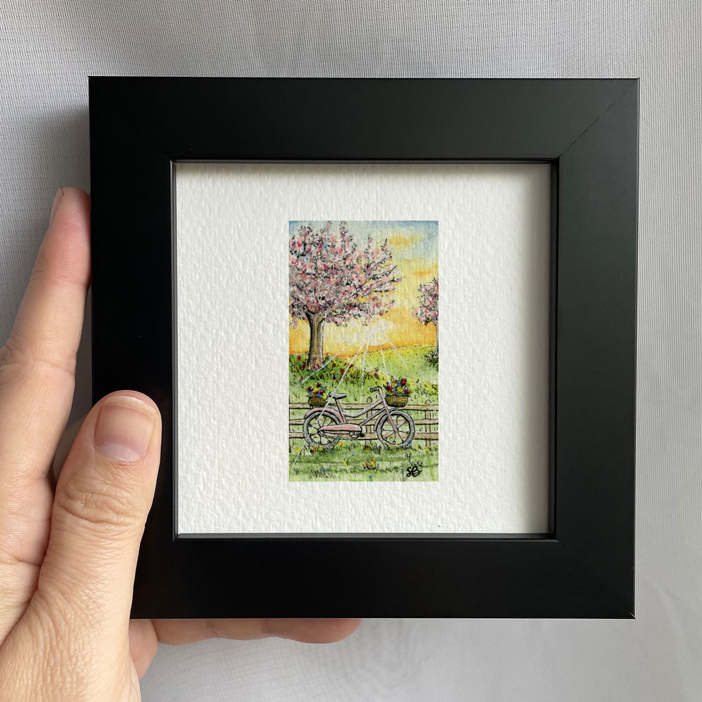 Bicycle By Field Tiny Art Watercolor Print