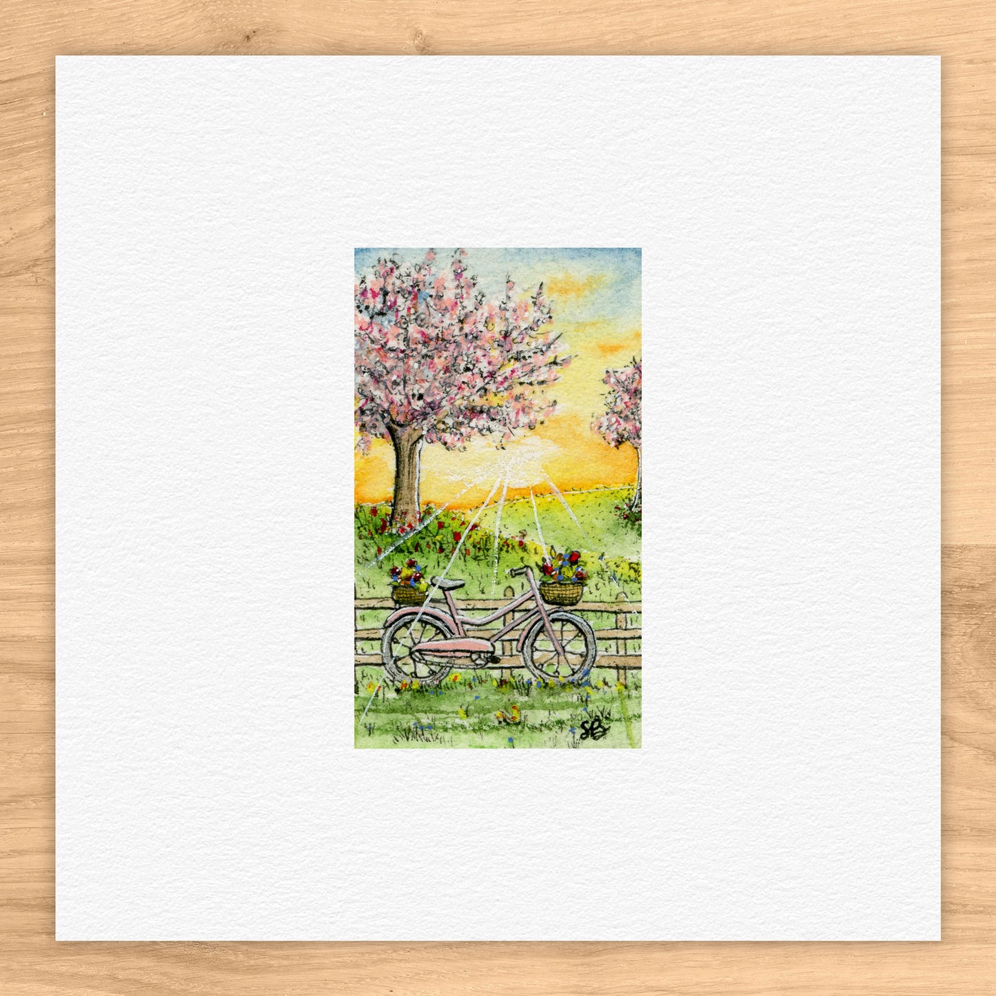 Bicycle By Field Tiny Art Watercolor Print