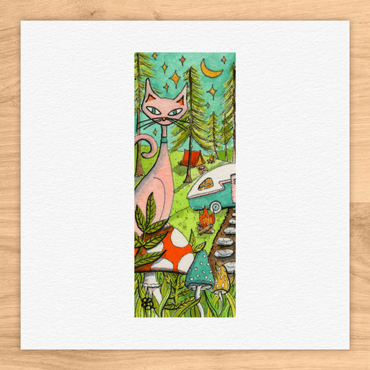 Cat And Campsite Tiny Art Watercolor Print