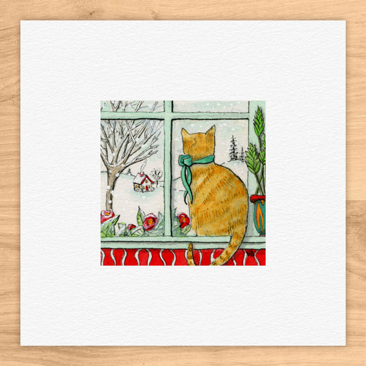 Cat in Snowy Window Tiny Art Watercolor Print