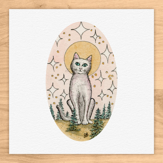 Cat With Stars Tiny Art Watercolor Print