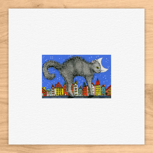 Cat Over City Tiny Art Watercolor Print