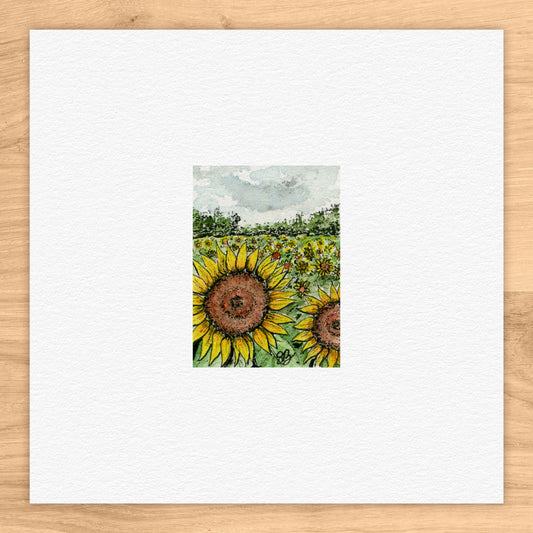 Cloudy Sunflower Field Tiny Art Watercolor Print