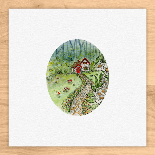 Cottage Path In Forest Tiny Art Watercolor Print