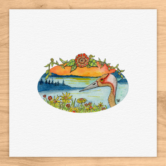 Crane at Sunset Tiny Art Watercolor Print