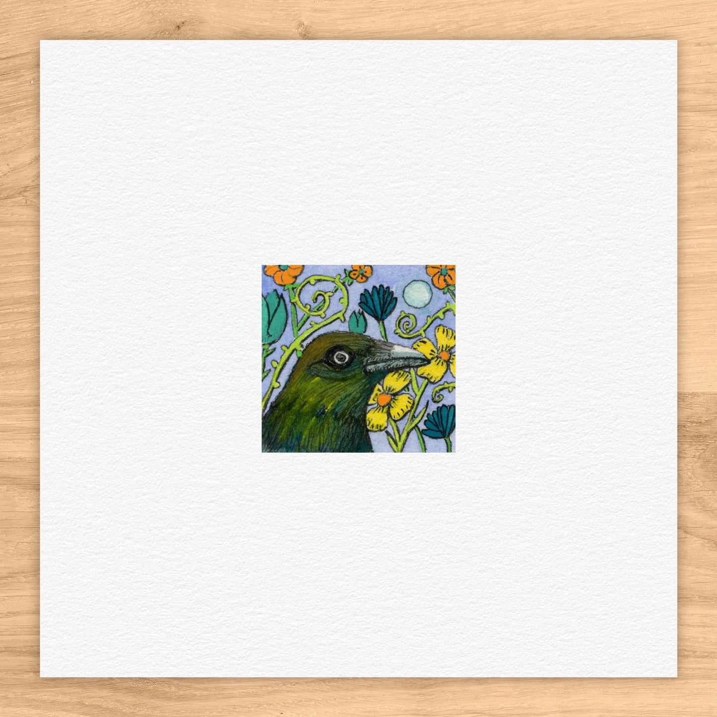 Crow With Flowers Tiny Art Watercolor Print