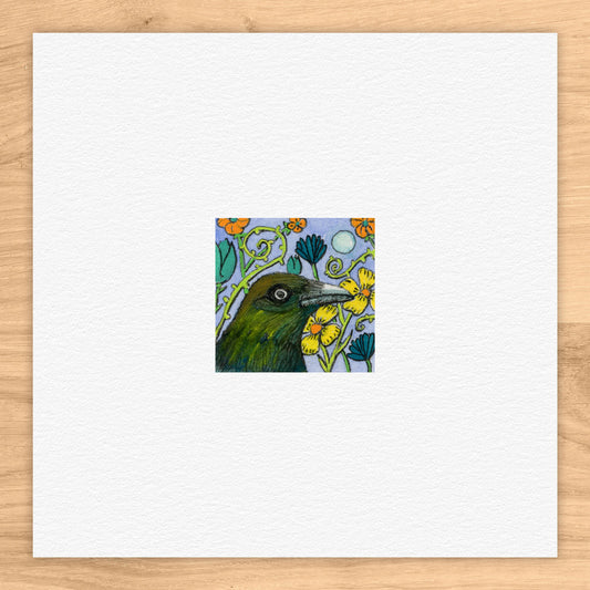 Crow With Flowers Tiny Art Watercolor Print