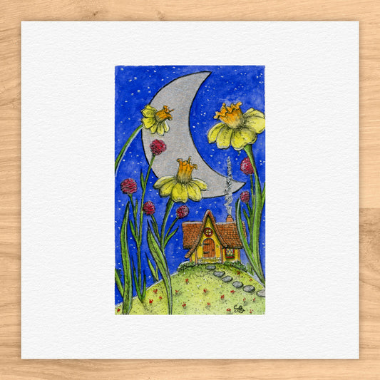 Cottage and Daffodils Tiny Art Watercolor Print