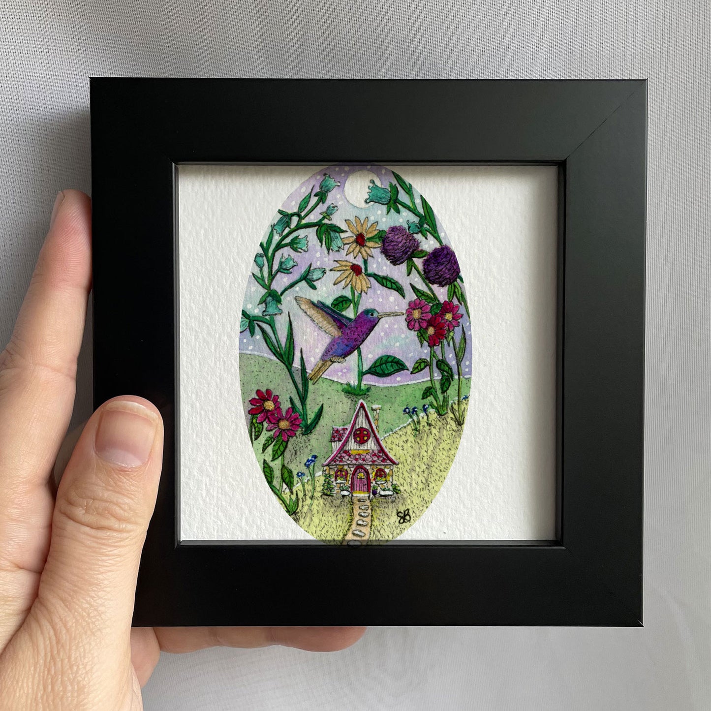 Hummingbird and Flowers Tiny Art Watercolor Print