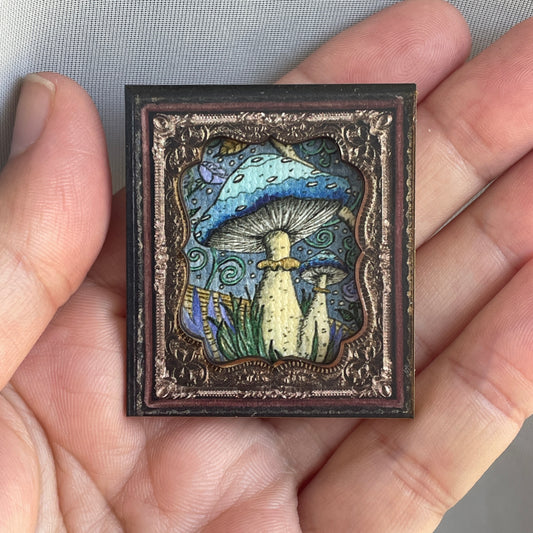 Blue Mushroom Canvas Print Framed Magnet Tiny Art