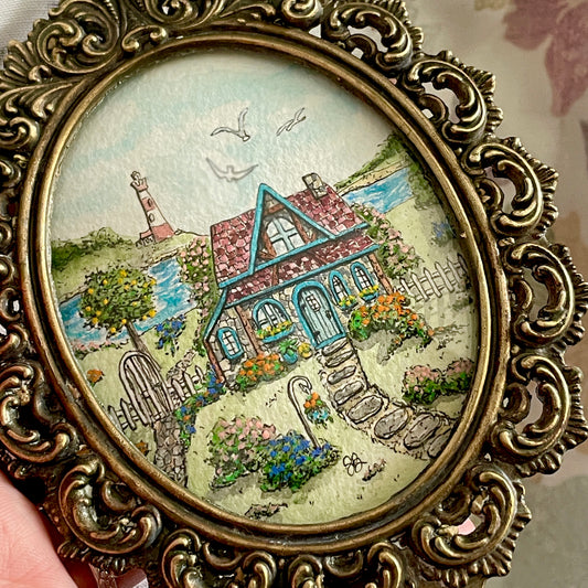 Seaside Cottage in Vintage Frame Tiny Art Watercolor Painting