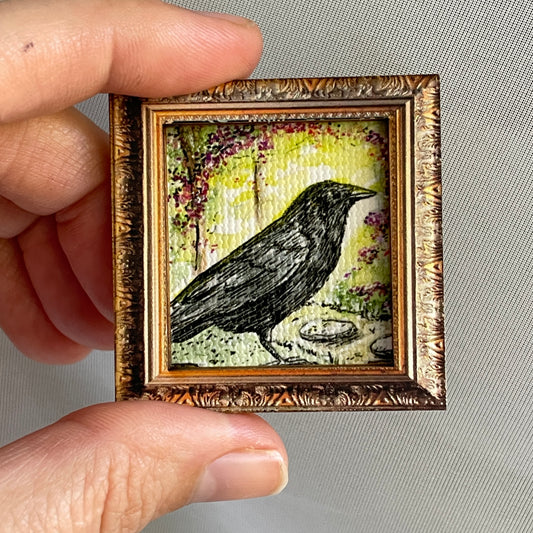 Crow in Garden Canvas Print Framed Magnet Tiny Art