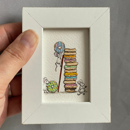 Mouse Donut Tower Original Tiny Art Watercolor Painting