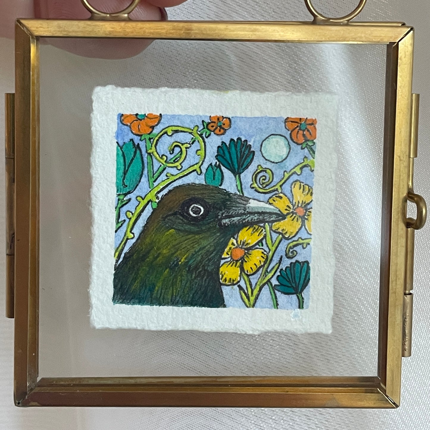 Crow and Flowers Tiny Art Watercolor Painting