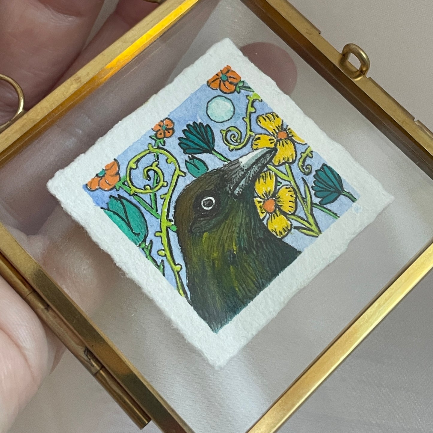 Crow and Flowers Tiny Art Watercolor Painting