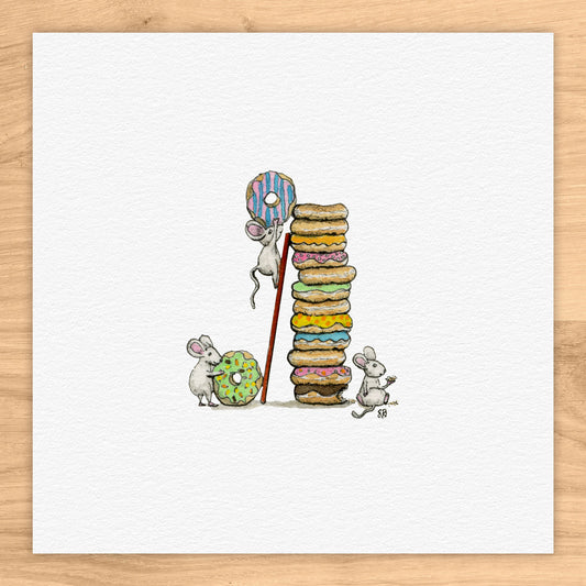 Mouse Donut Tower Tiny Art Watercolor Print