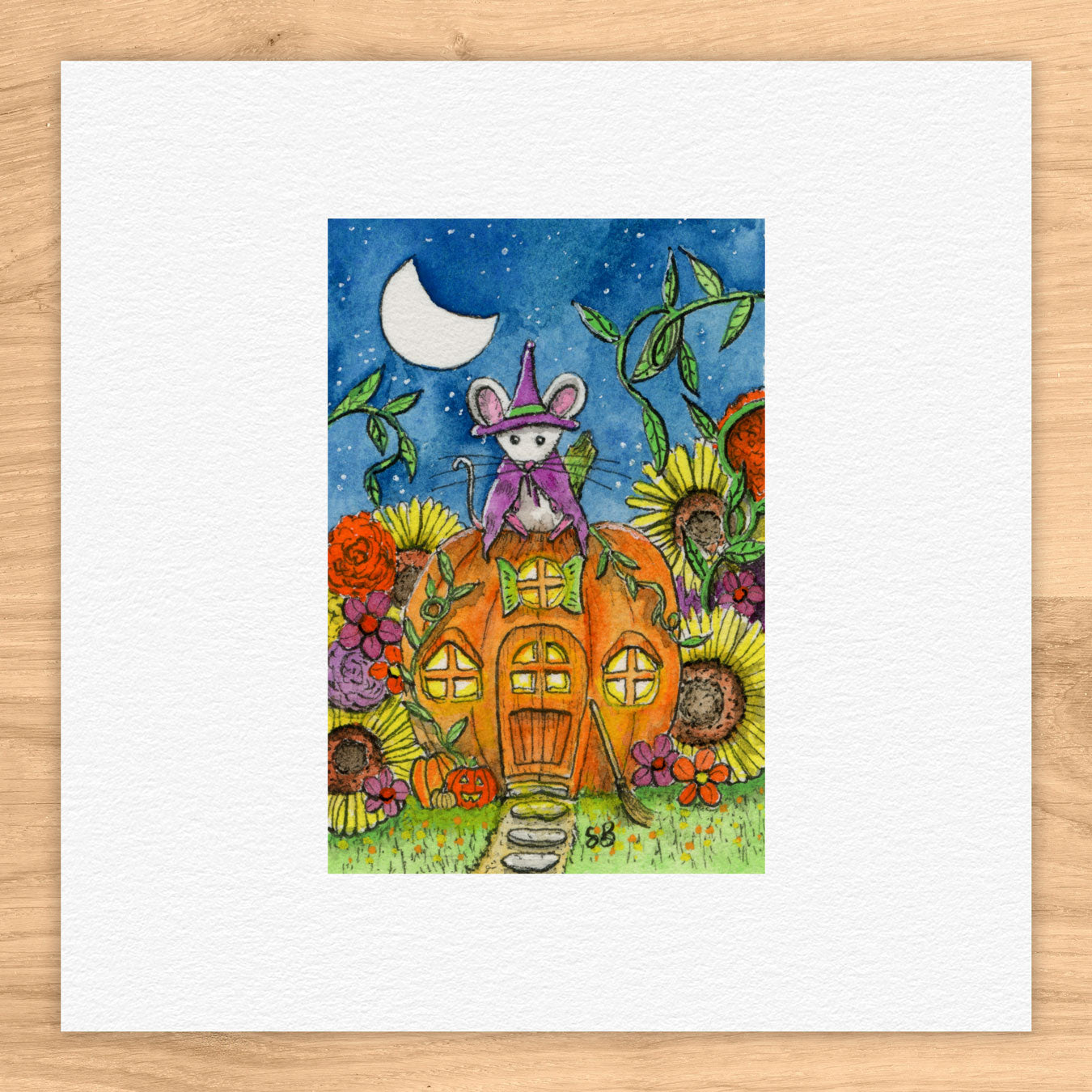 Mouse On Pumpkin Tiny Art Watercolor Print