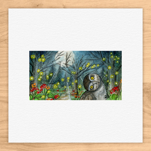 Owl in Forest Cabin Watercolor Print