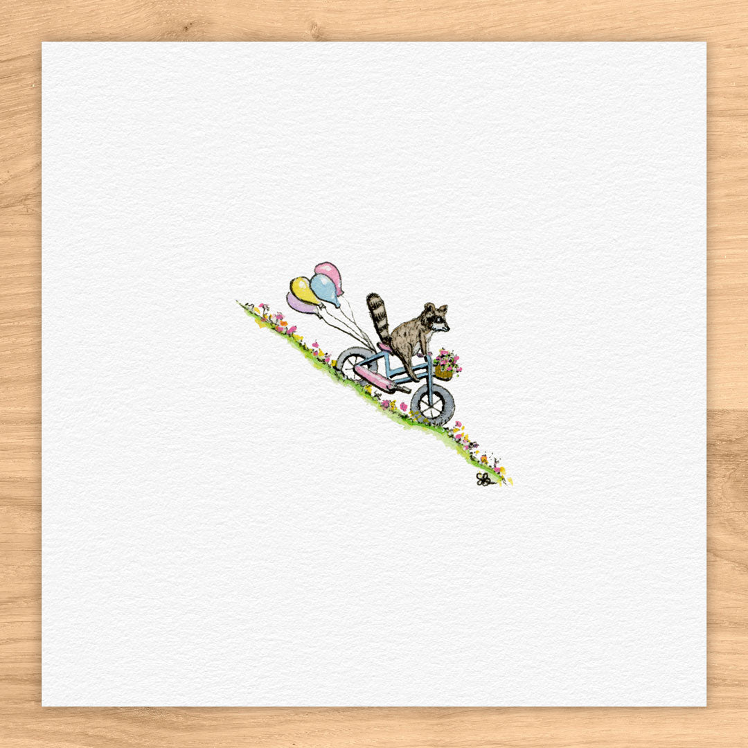 Racoon On Bicycle Tiny Art Watercolor Print