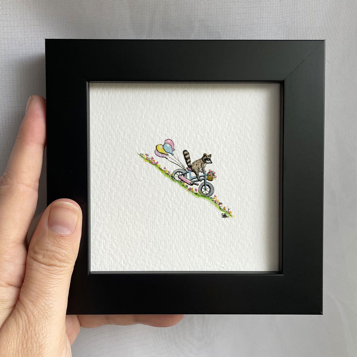 Racoon On Bicycle Tiny Art Watercolor Print