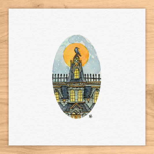 Raven on Gothic Home Tiny Art Watercolor Print