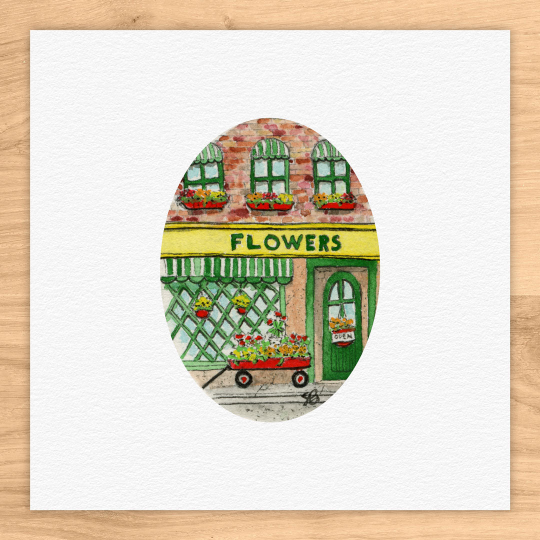 Red Wagon Flower Shop Tiny Art Watercolor Print