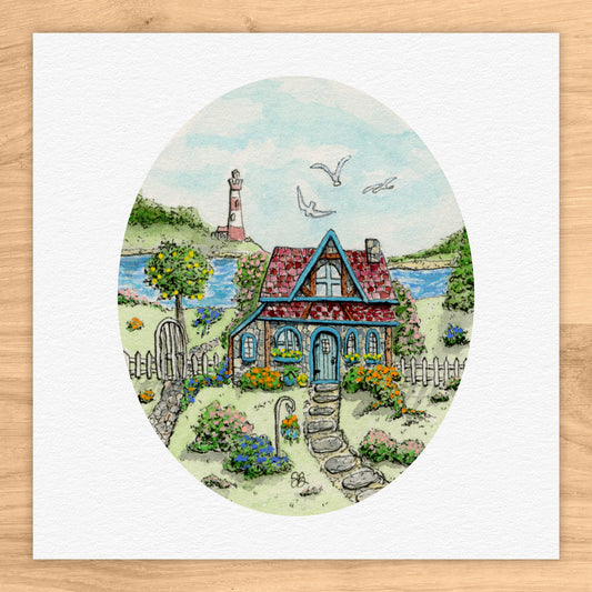 Seaside Cottage Tiny Art Watercolor Print