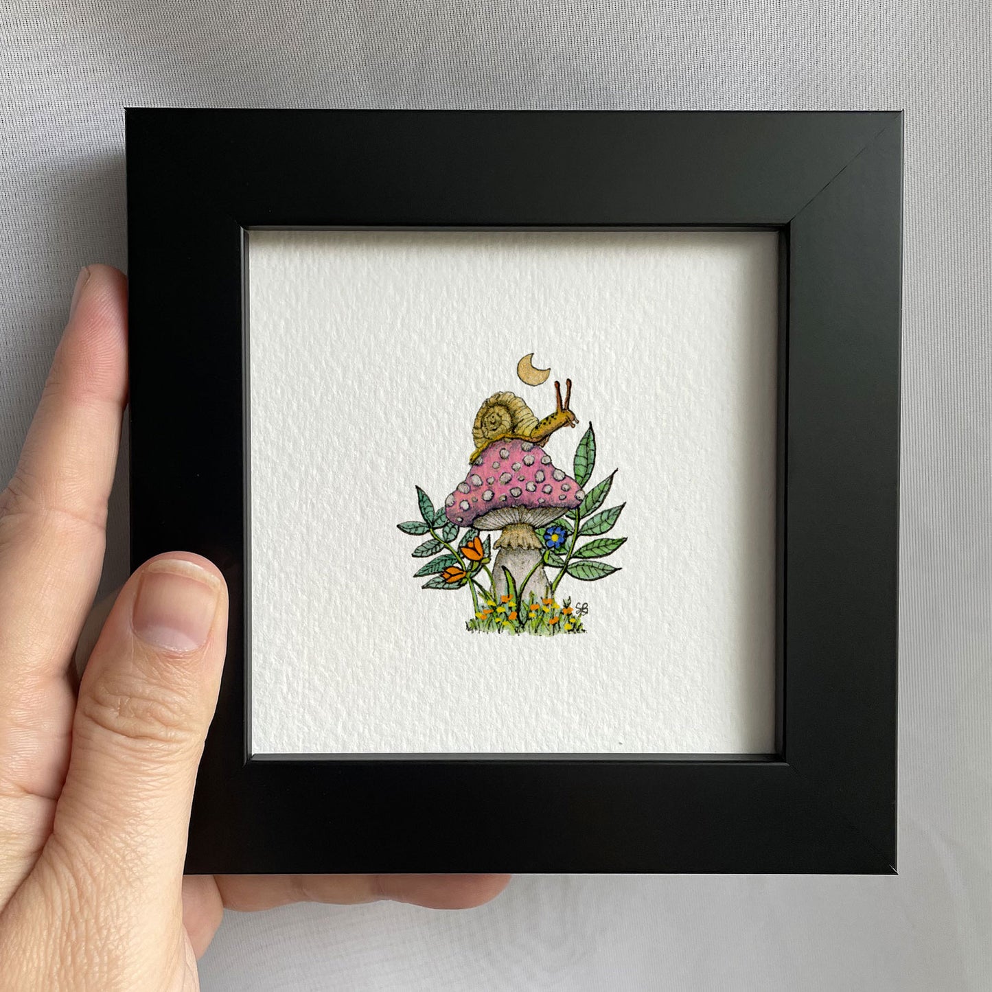 Snail on Mushroom Tiny Art Watercolor Print