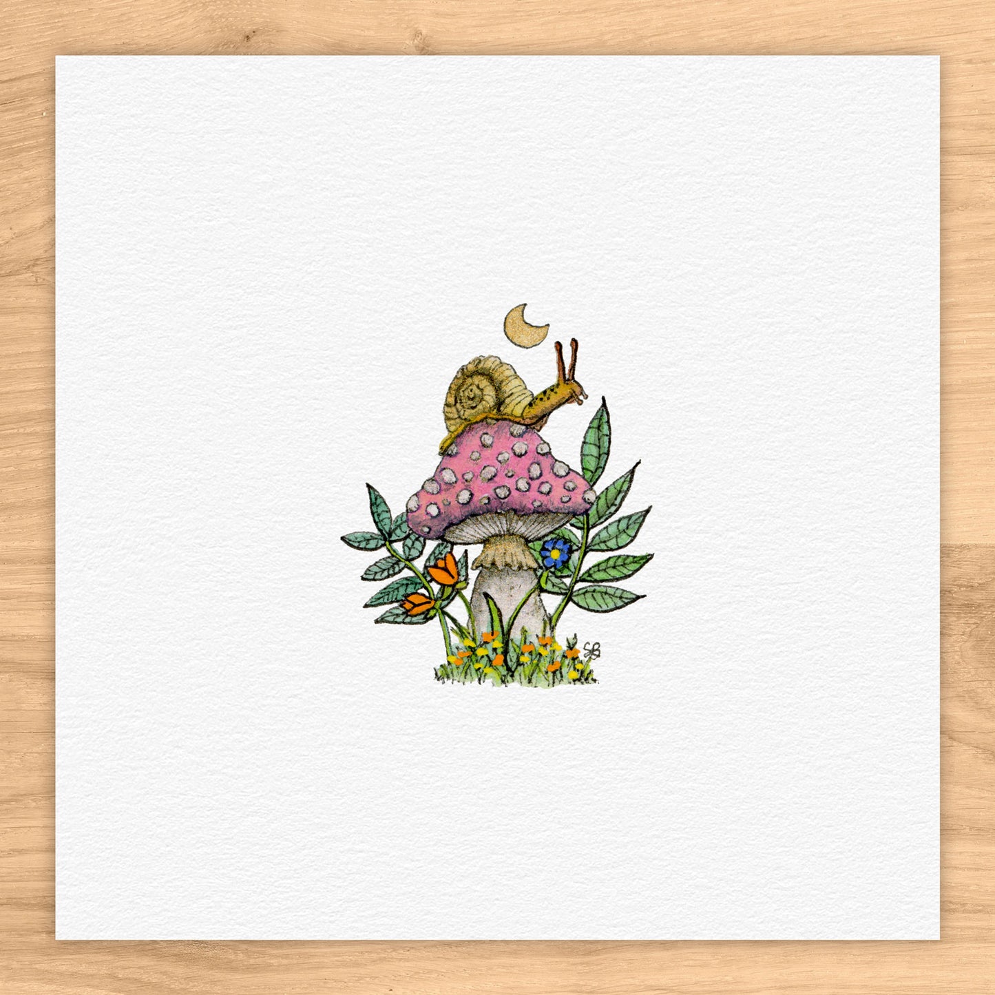 Snail on Mushroom Tiny Art Watercolor Print