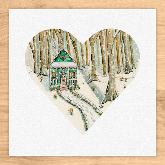 Snowy Sweetheart Cottage Tiny Art Watercolor Print