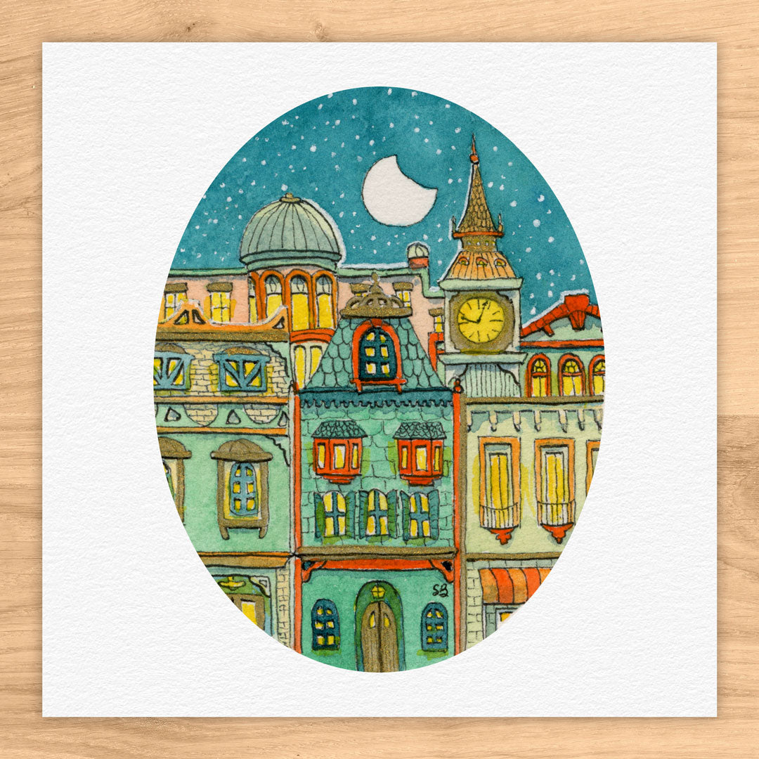 Vibrant Layered City Tiny Art Watercolor Print