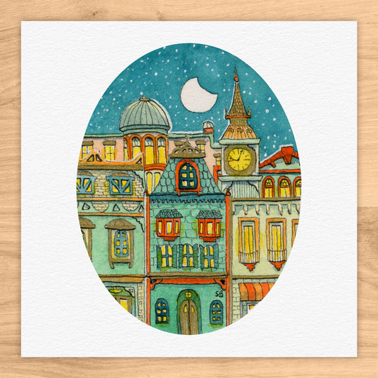 Vibrant Layered City Tiny Art Watercolor Print