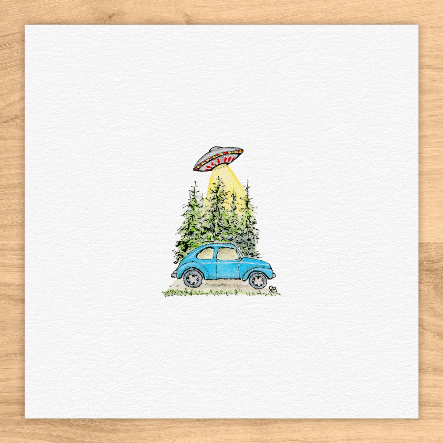 VW and UFO Tiny Art Watercolor Print